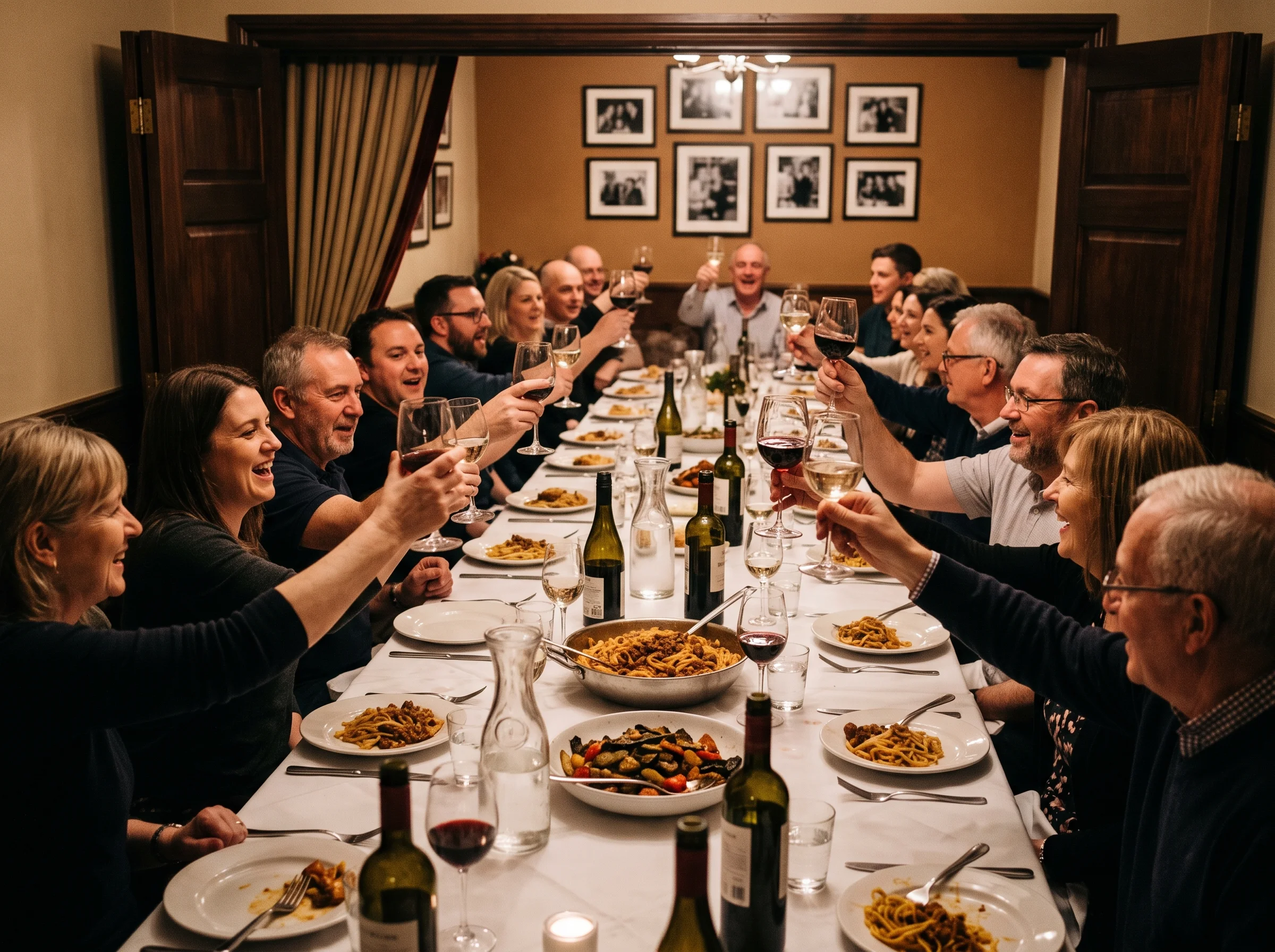 A long table of guests raising glasses in a warmly lit private dining room, seen from the doorway.