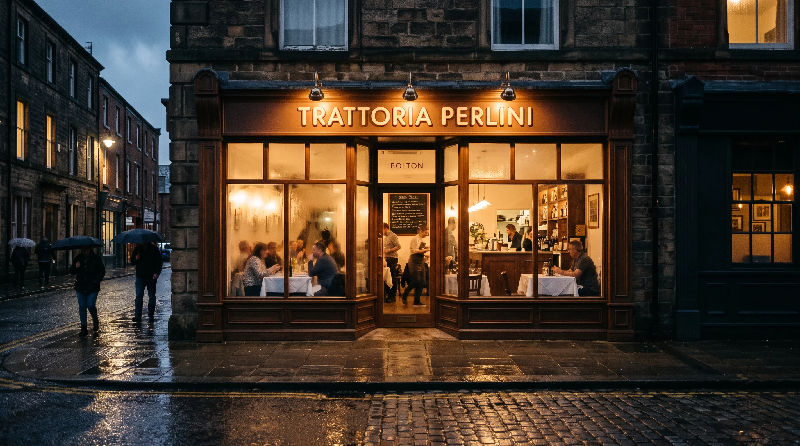 A warmly lit restaurant frontage glowing onto a wet street at dusk, diners visible through steamed-up windows.