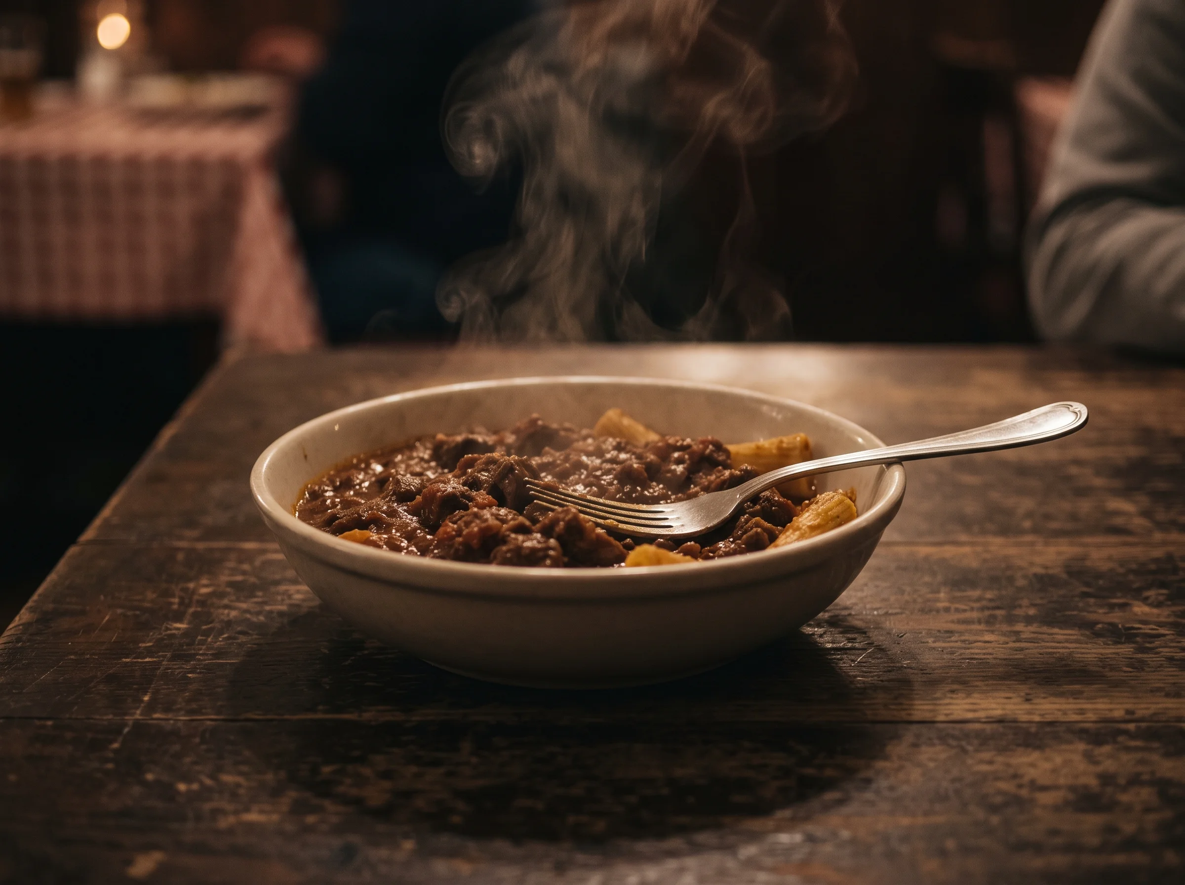 A steaming bowl of ragù over ribbon pasta with a fork resting in it, on a dark wooden table.