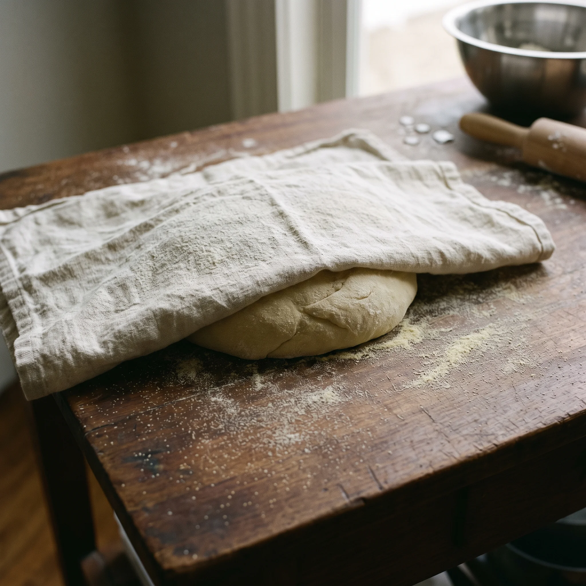 A ball of pasta dough resting under a flour-dusted linen cloth on a wooden bench.