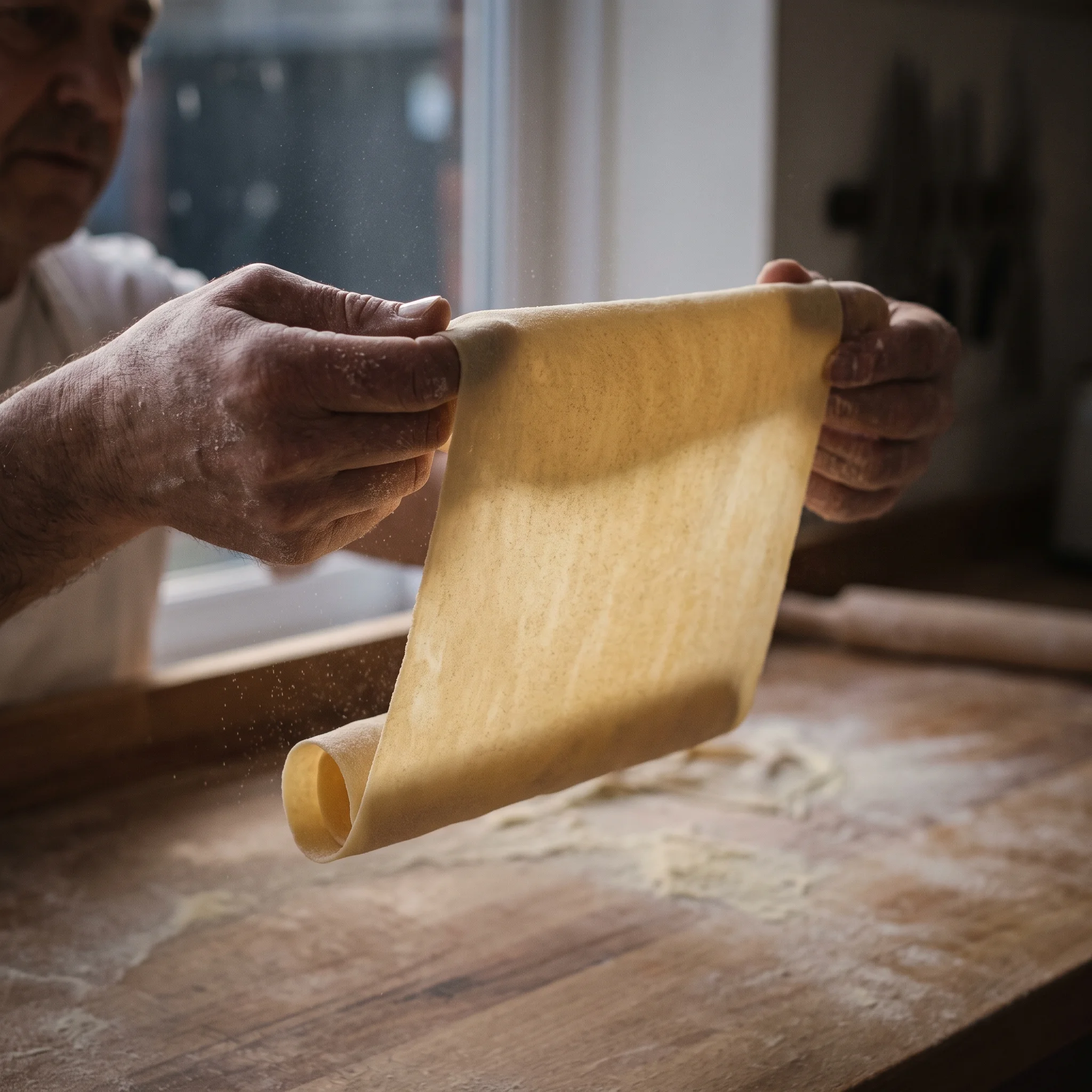 Hands holding a thin sheet of rolled pasta up to a window, morning light glowing through it.