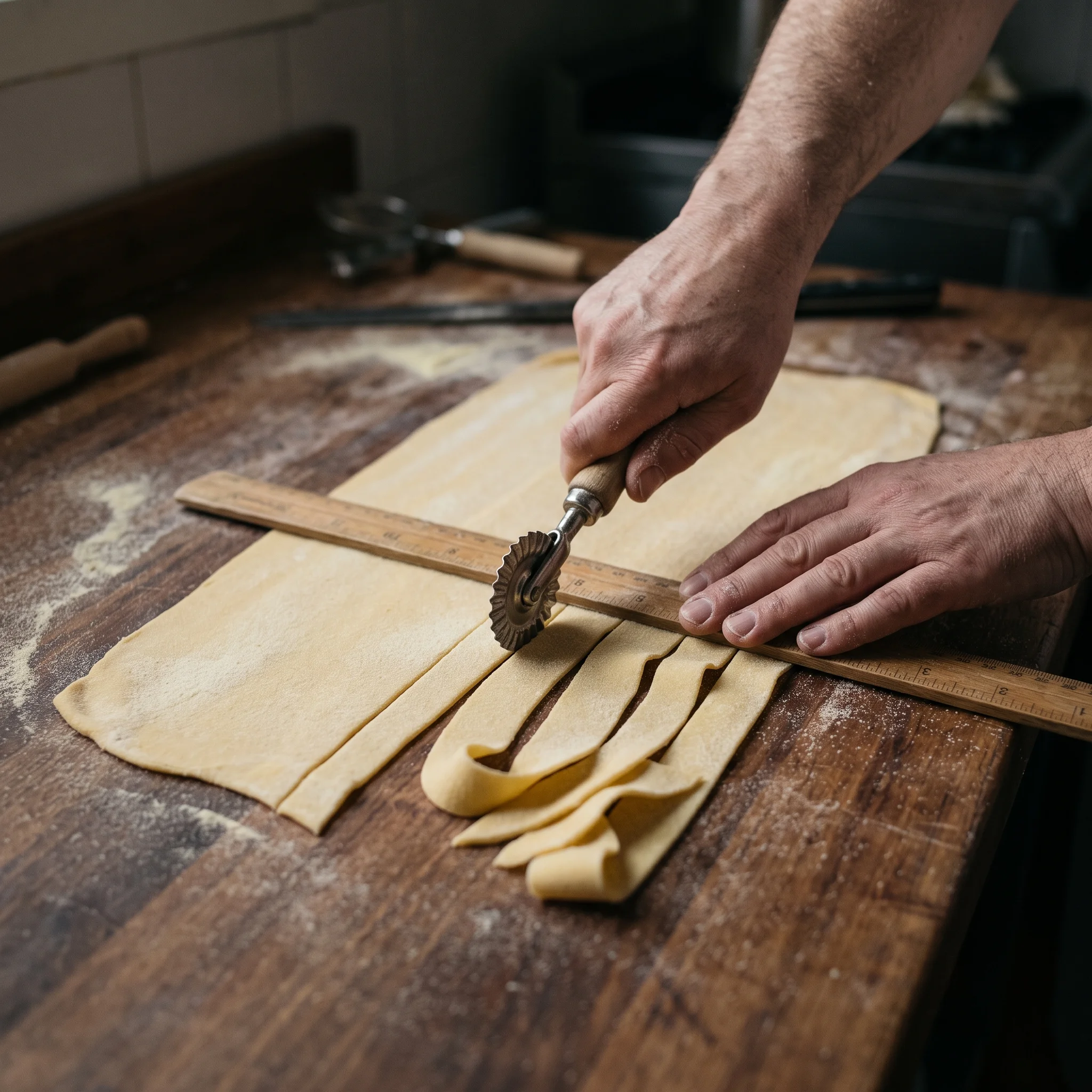 A knife cutting a rolled sheet of pasta into wide ribbons on a floured bench.