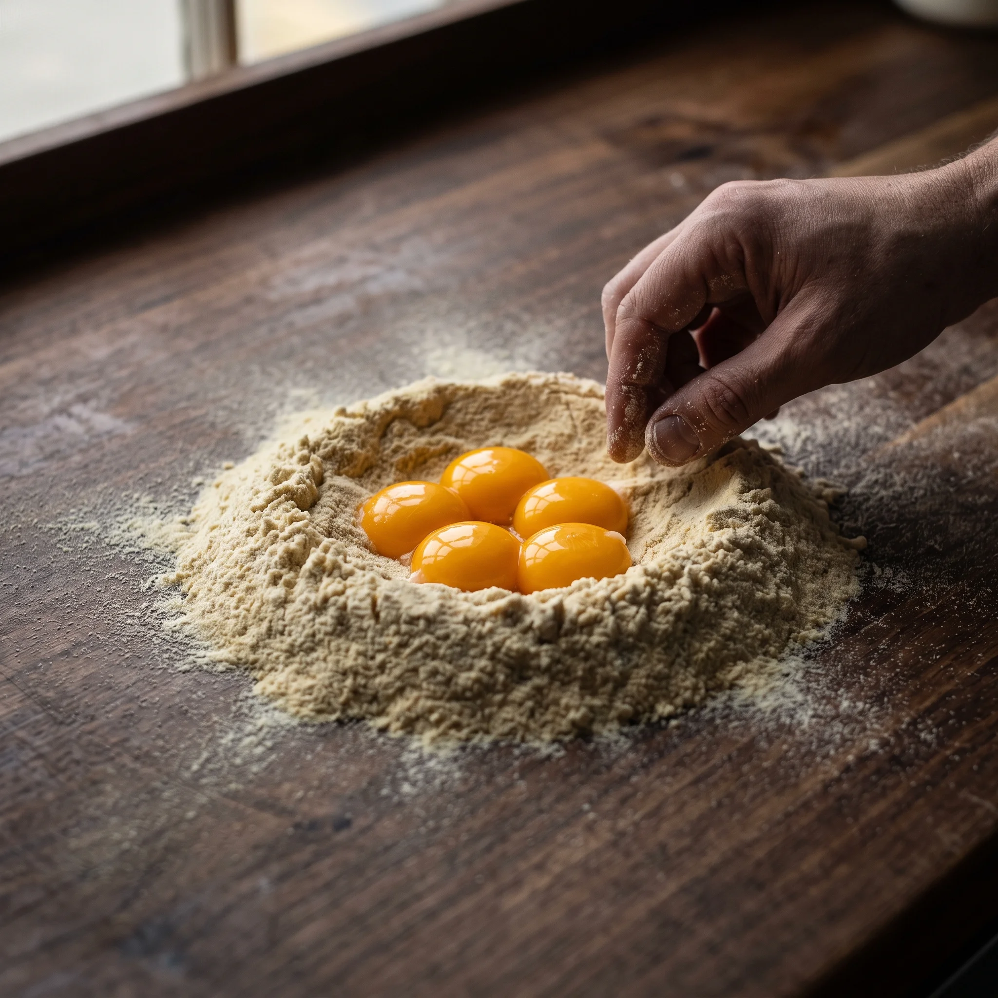 Golden egg yolks sitting in a well of pale semolina flour on a dark wooden bench.