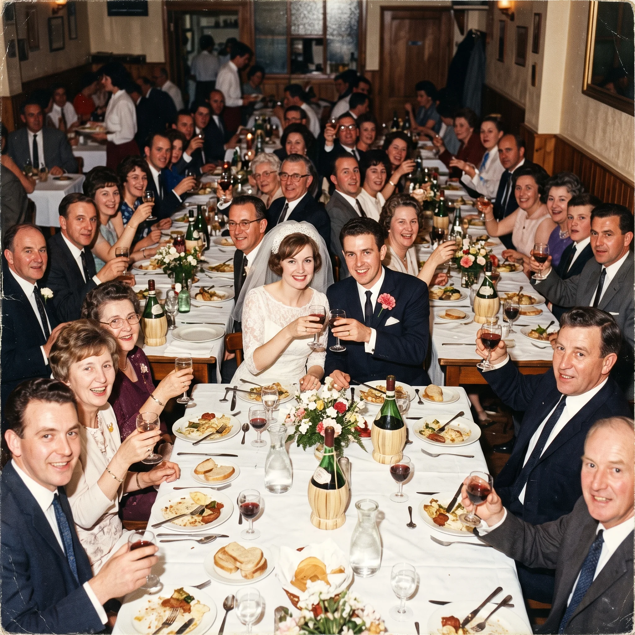 An old snapshot of a wedding party celebrating around trattoria tables pushed together.