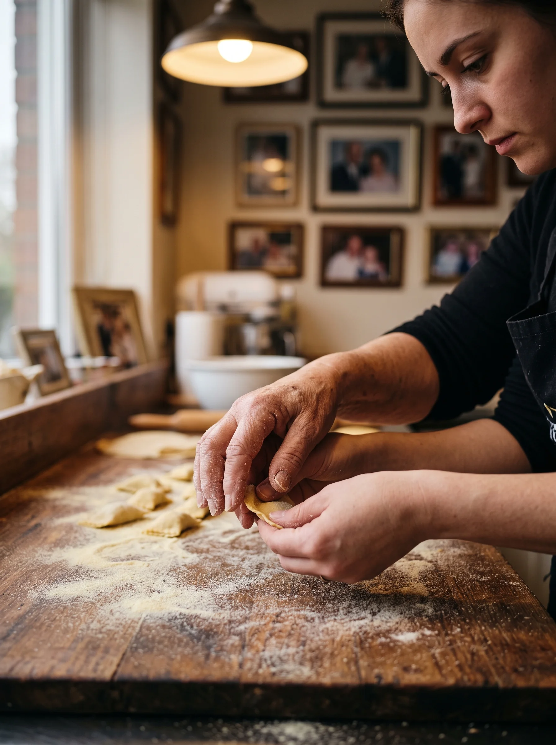 An older pair of hands guiding a younger pair while folding pasta dough at a floured bench, framed family photographs soft on the wall behind.
