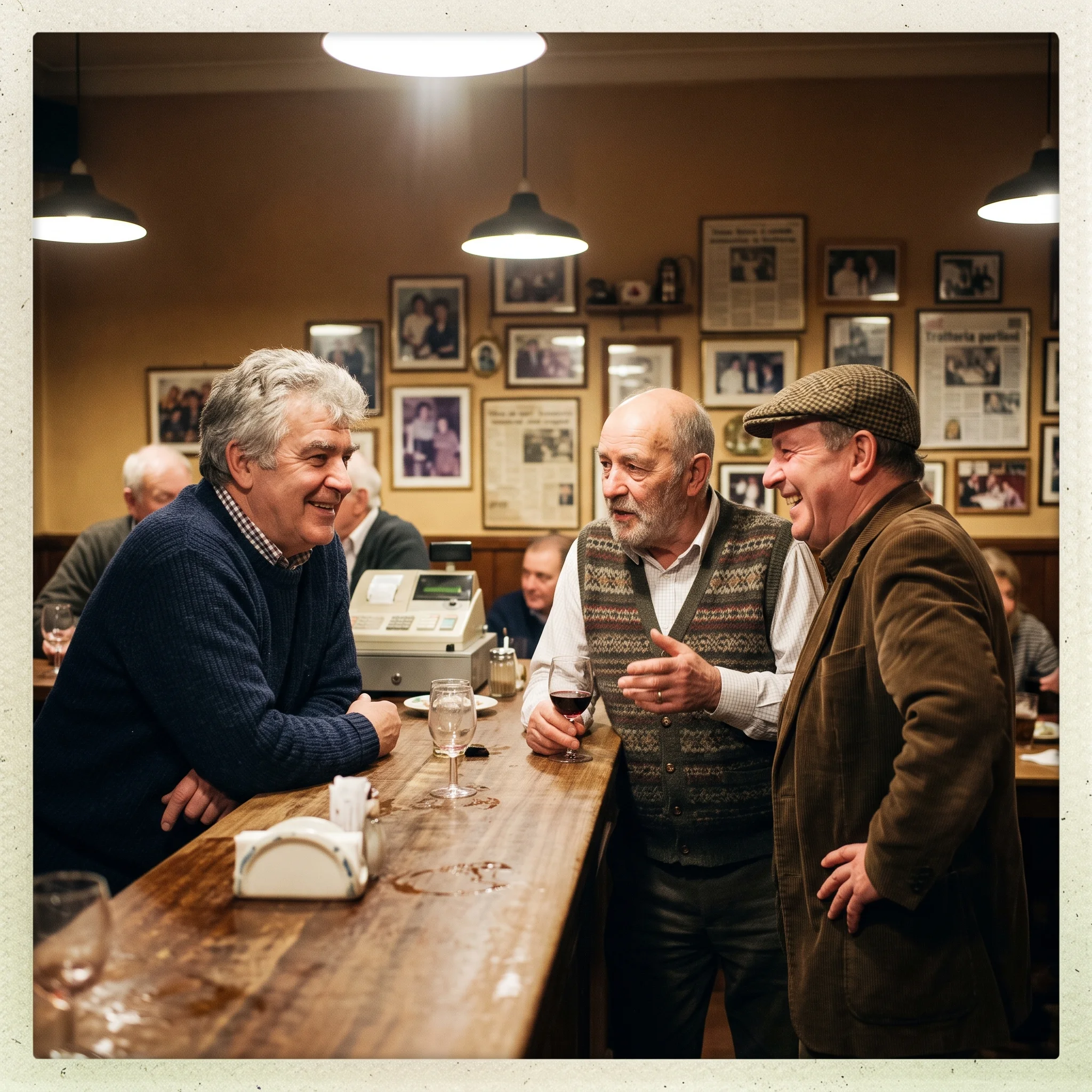 An old snapshot of regulars leaning on the counter of a small trattoria, chatting.