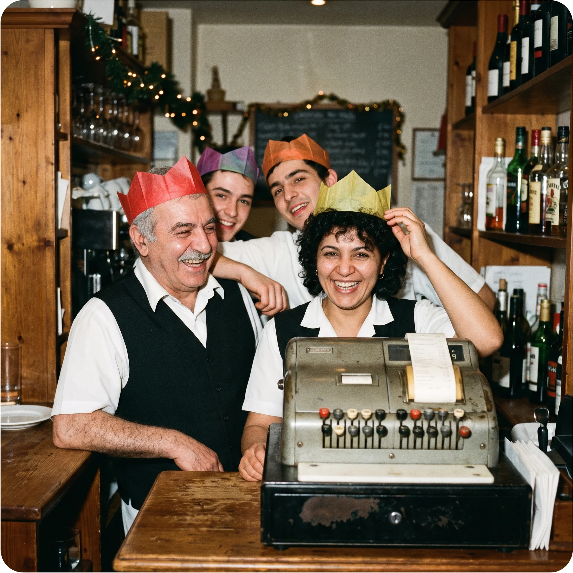 A grainy snapshot of restaurant staff wearing paper hats, crowded behind the till at Christmas.