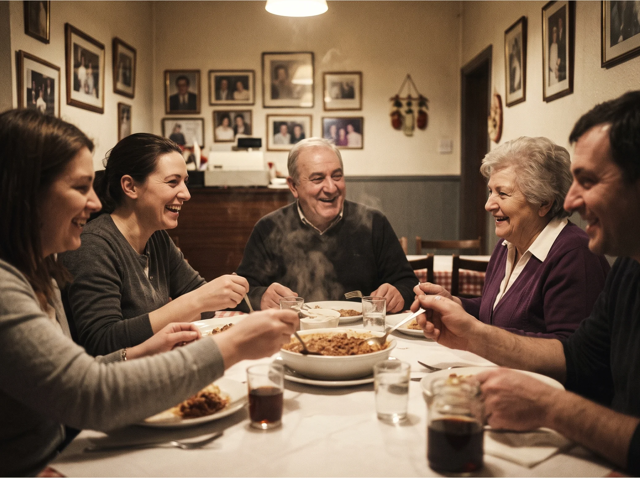 A faded vintage photograph shows a group of five people smiling and eating together at a table in a dimly lit room with framed pictures on the wall.