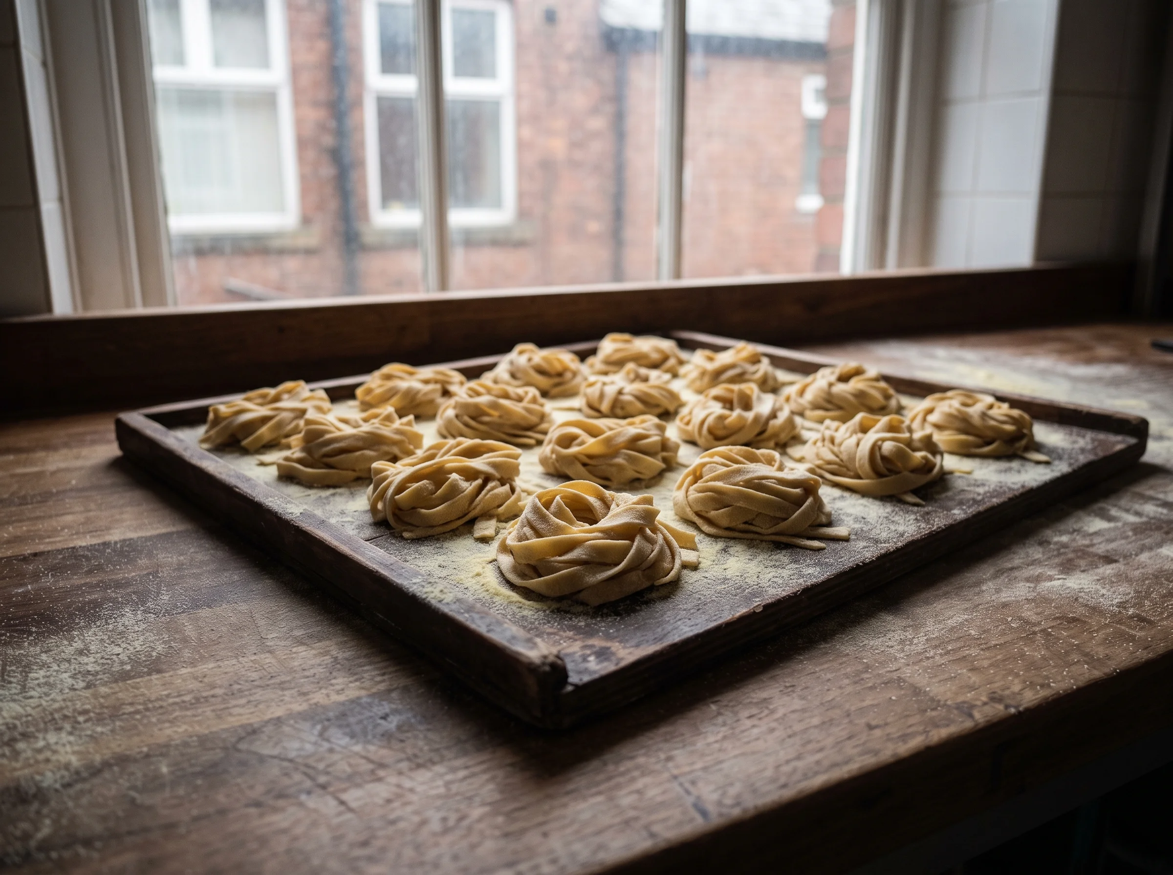 Nests of fresh tagliatelle drying on a floured wooden tray in pale morning window light.