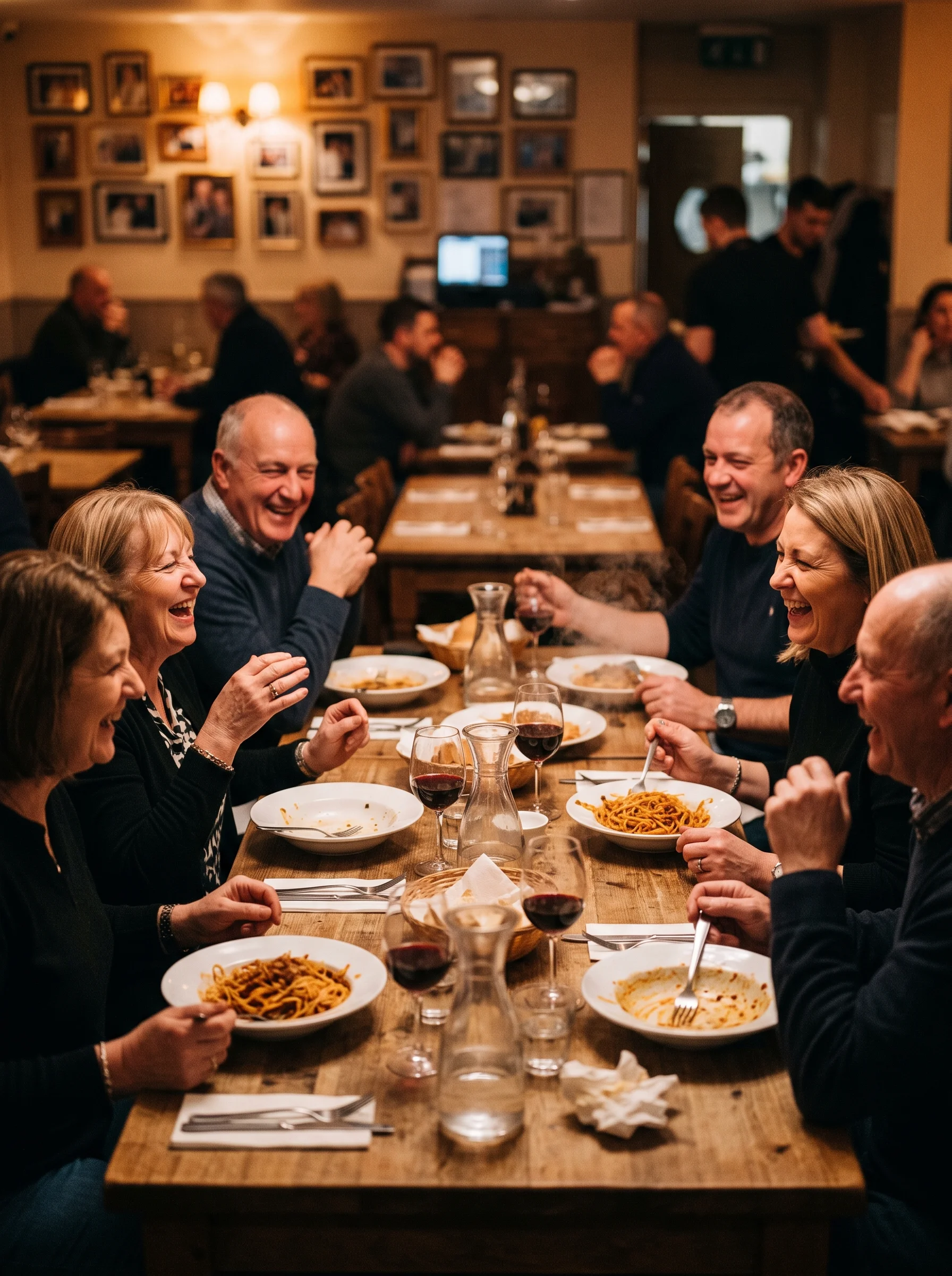 A busy trattoria dining room in the evening, a full table laughing, framed photographs soft on the wall behind.